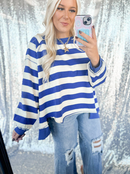 Blue Chunky Striped Oversized Crewneck