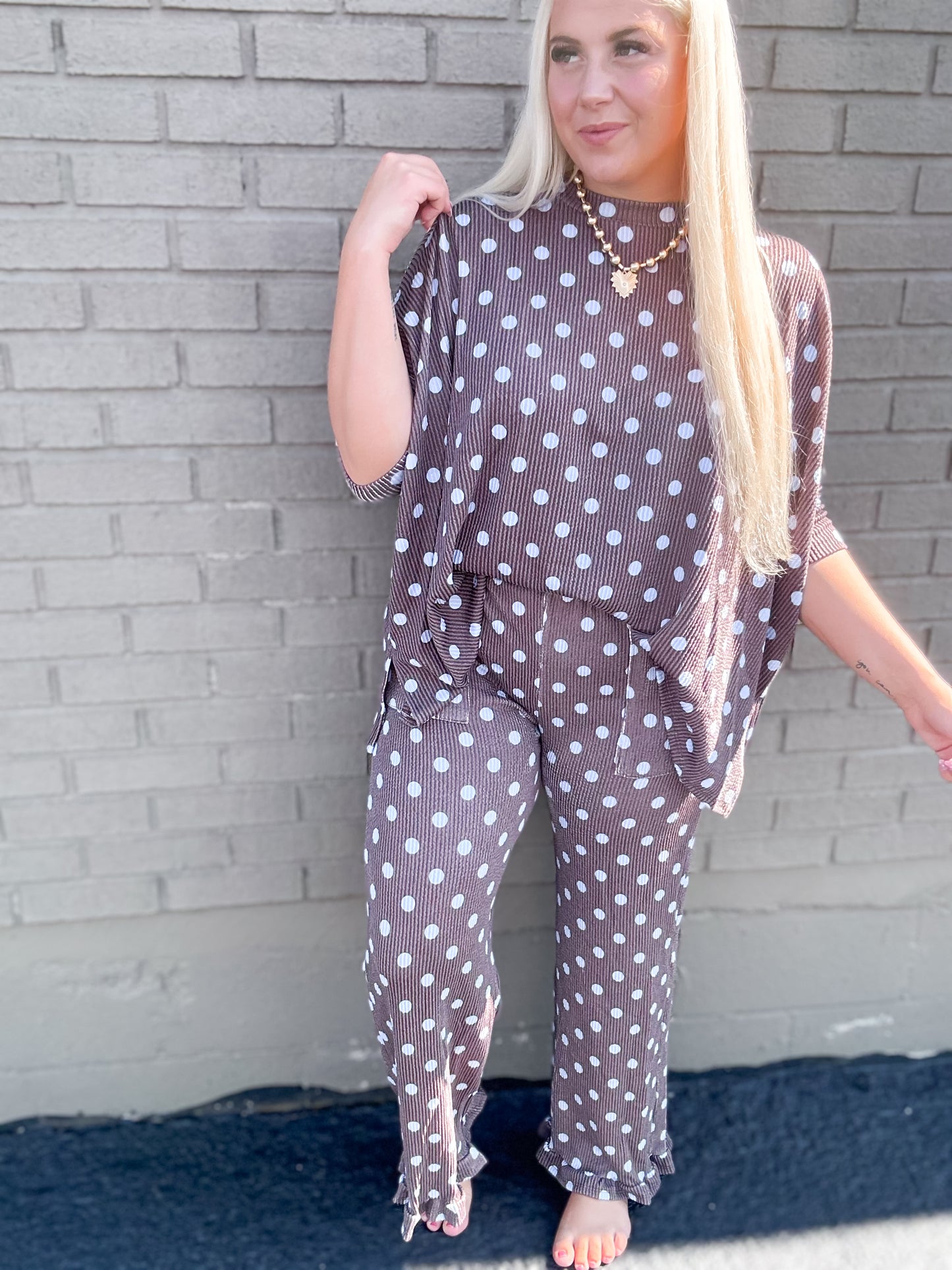 Mocha & Blue Ribbed Polka Dot Ruffle {SET}