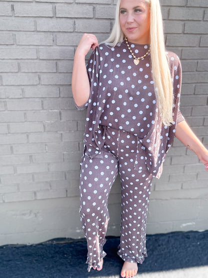 Mocha & Blue Ribbed Polka Dot Ruffle {SET}