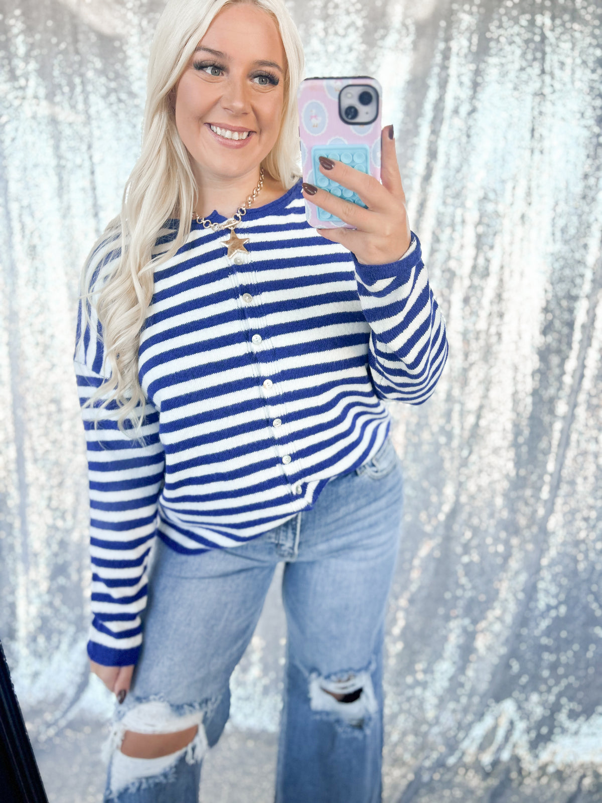 Royal Blue Striped Knit Cardigan