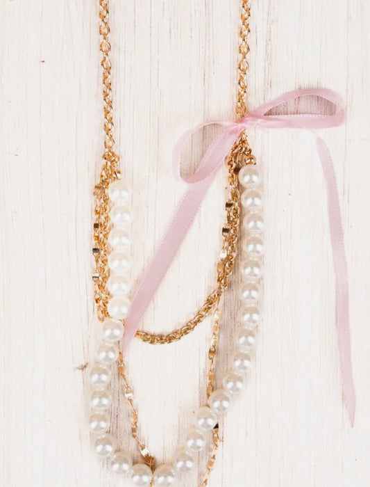 Bow Trend Pearl Necklace (Pink)