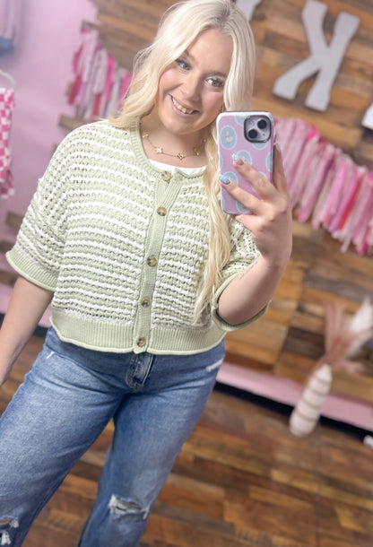 Sage Striped Knit Button Top