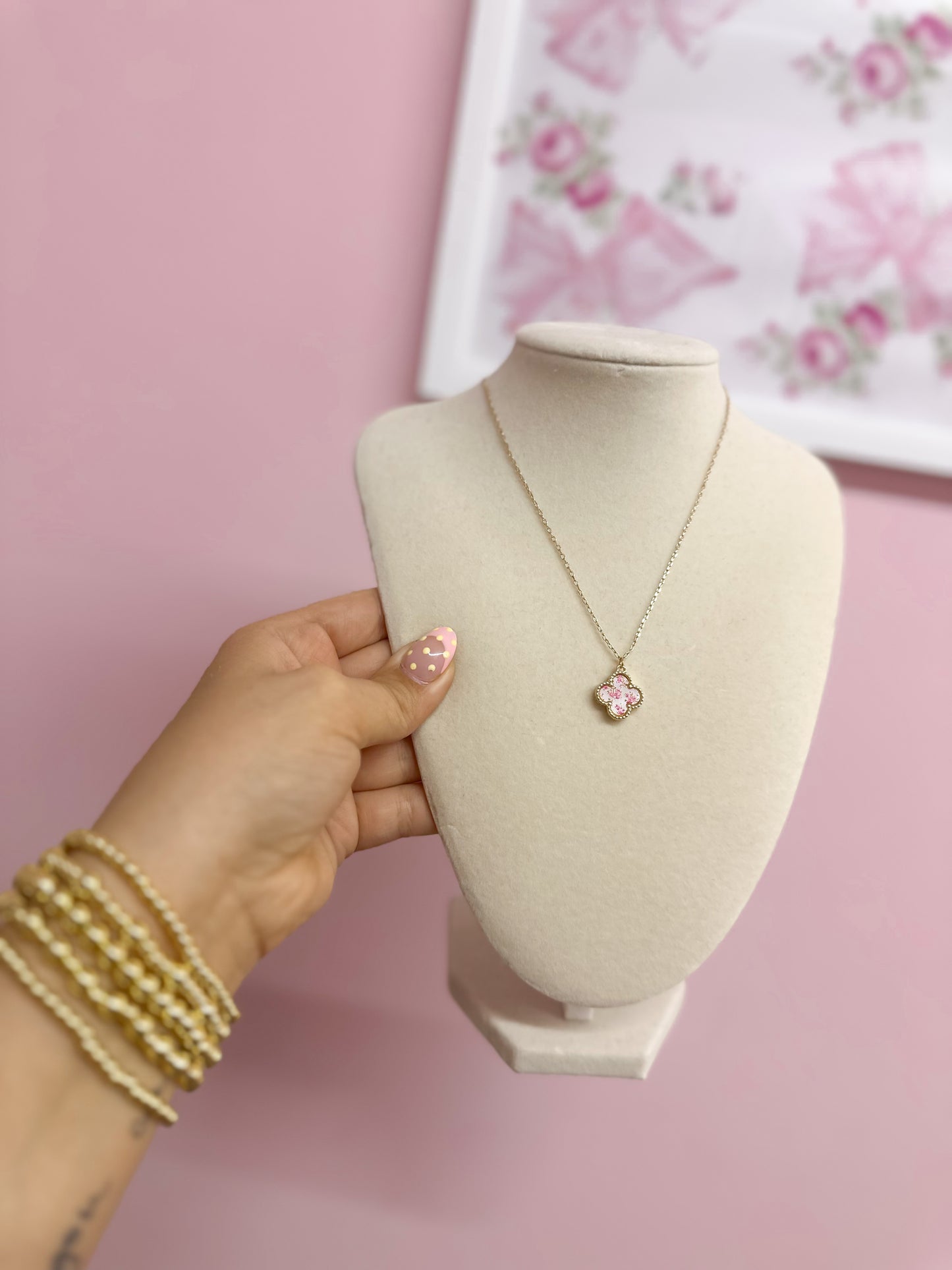Pink Chinoiserie Clover Pendant Necklace