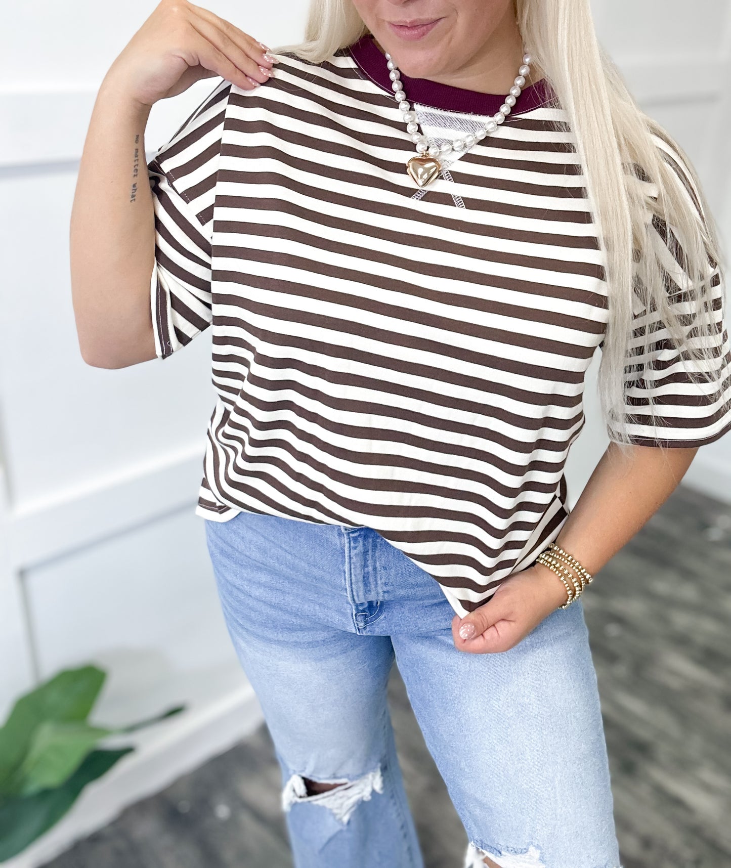 Brown & Burgundy Striped Colorblock Top
