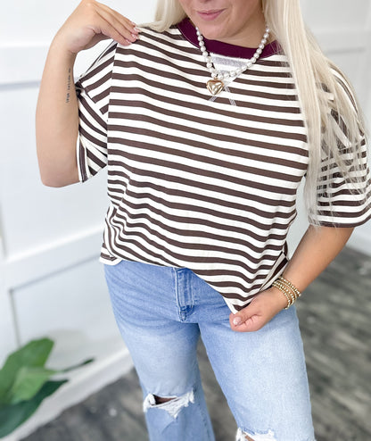 Brown & Burgundy Striped Colorblock Top
