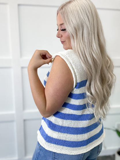 Blue Striped Knit Button Tank
