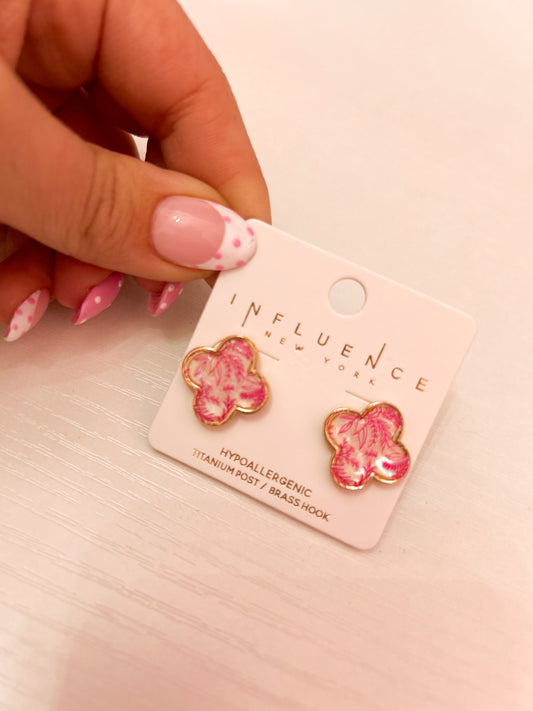 Pink Printed Clover Studs