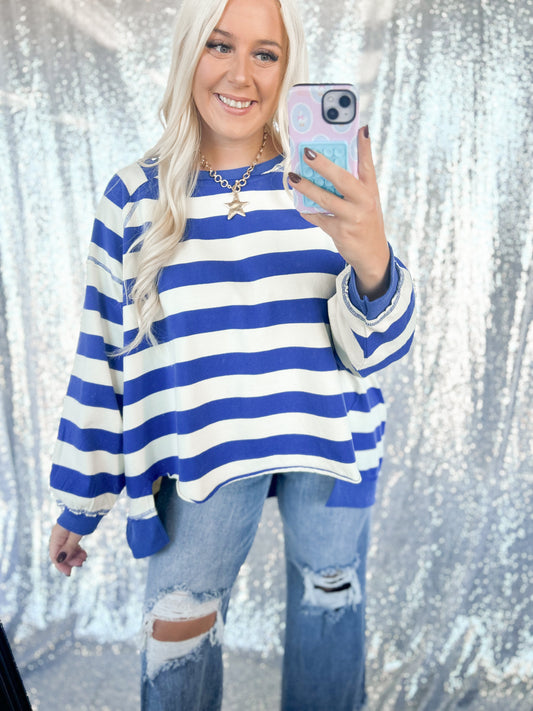 Blue Chunky Striped Oversized Crewneck