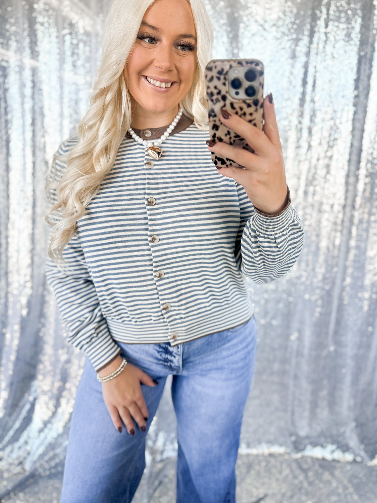 Blue & Brown Striped Button Cardigan