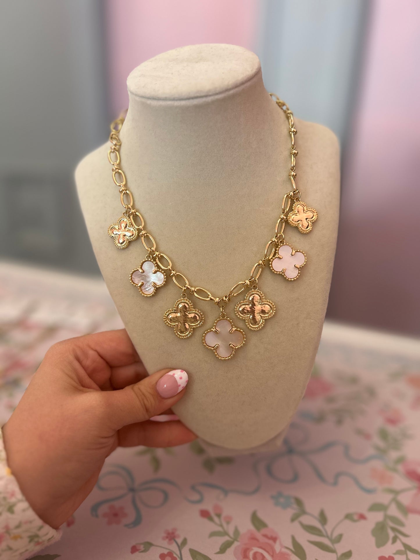 White Goldtone Clover Charm Necklace