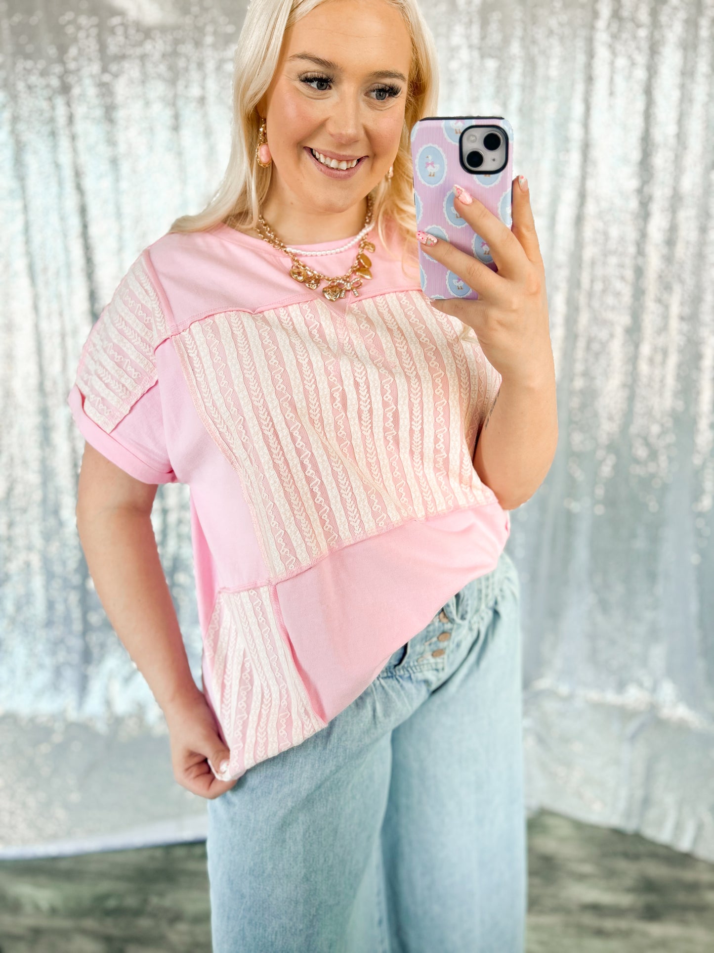 Pink & Lace Colorblock Top
