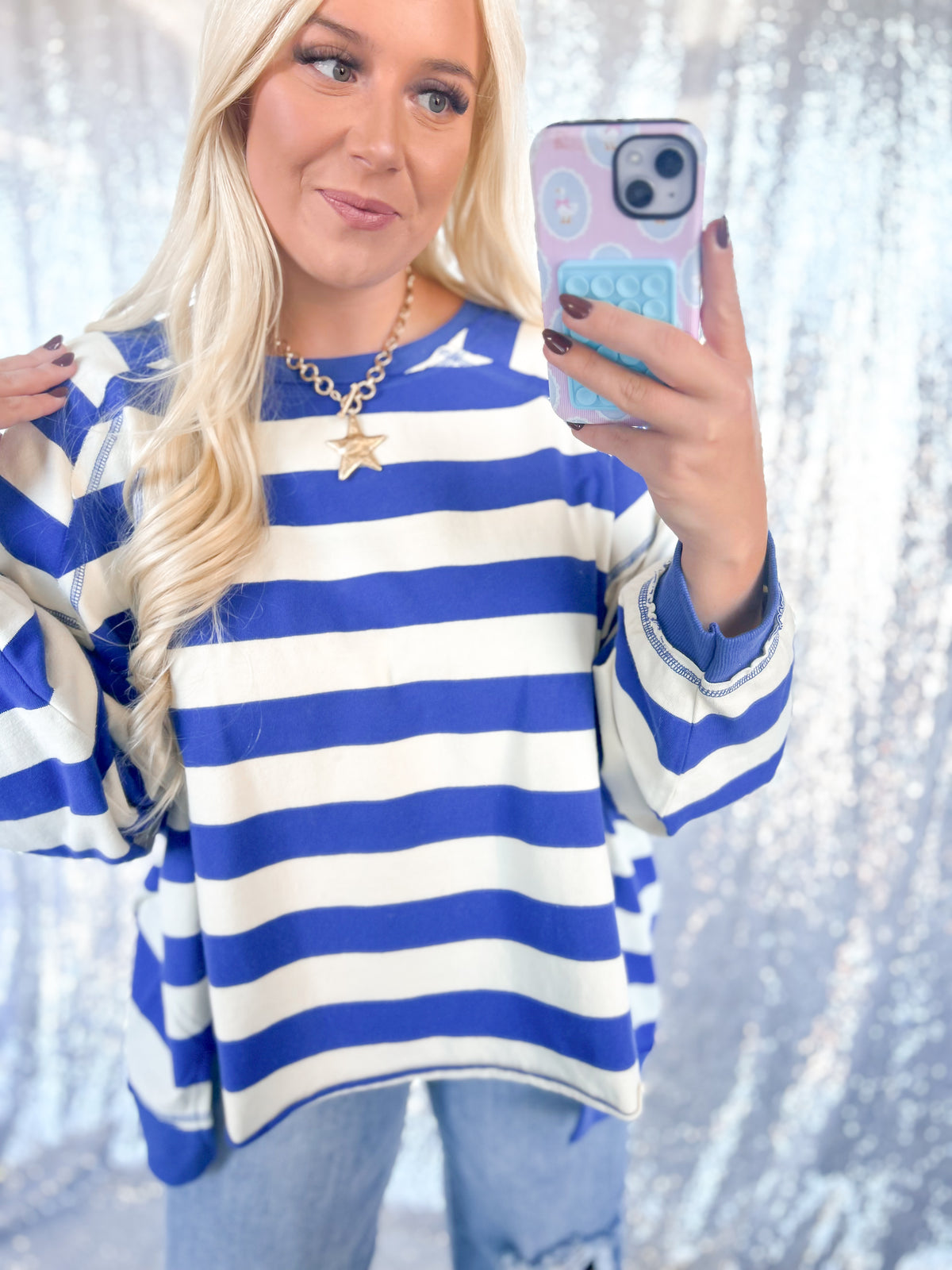 Blue Chunky Striped Oversized Crewneck