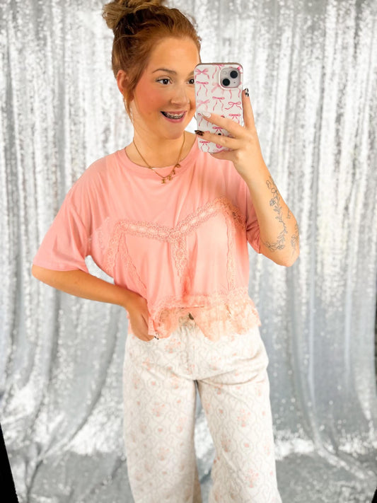 Pink Sheer Lace Babydoll Contrast Top