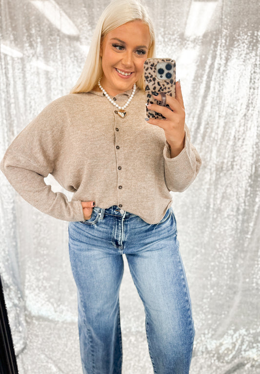 Taupe Raw Hem Button Cardigan
