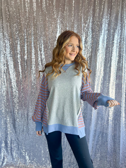 Mocha & Dusty Blue Striped Color-block Pullover