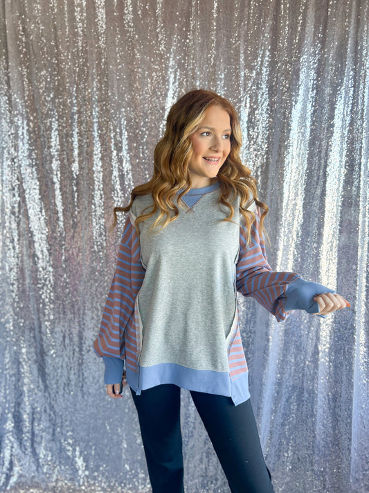Mocha & Dusty Blue Striped Color-block Pullover