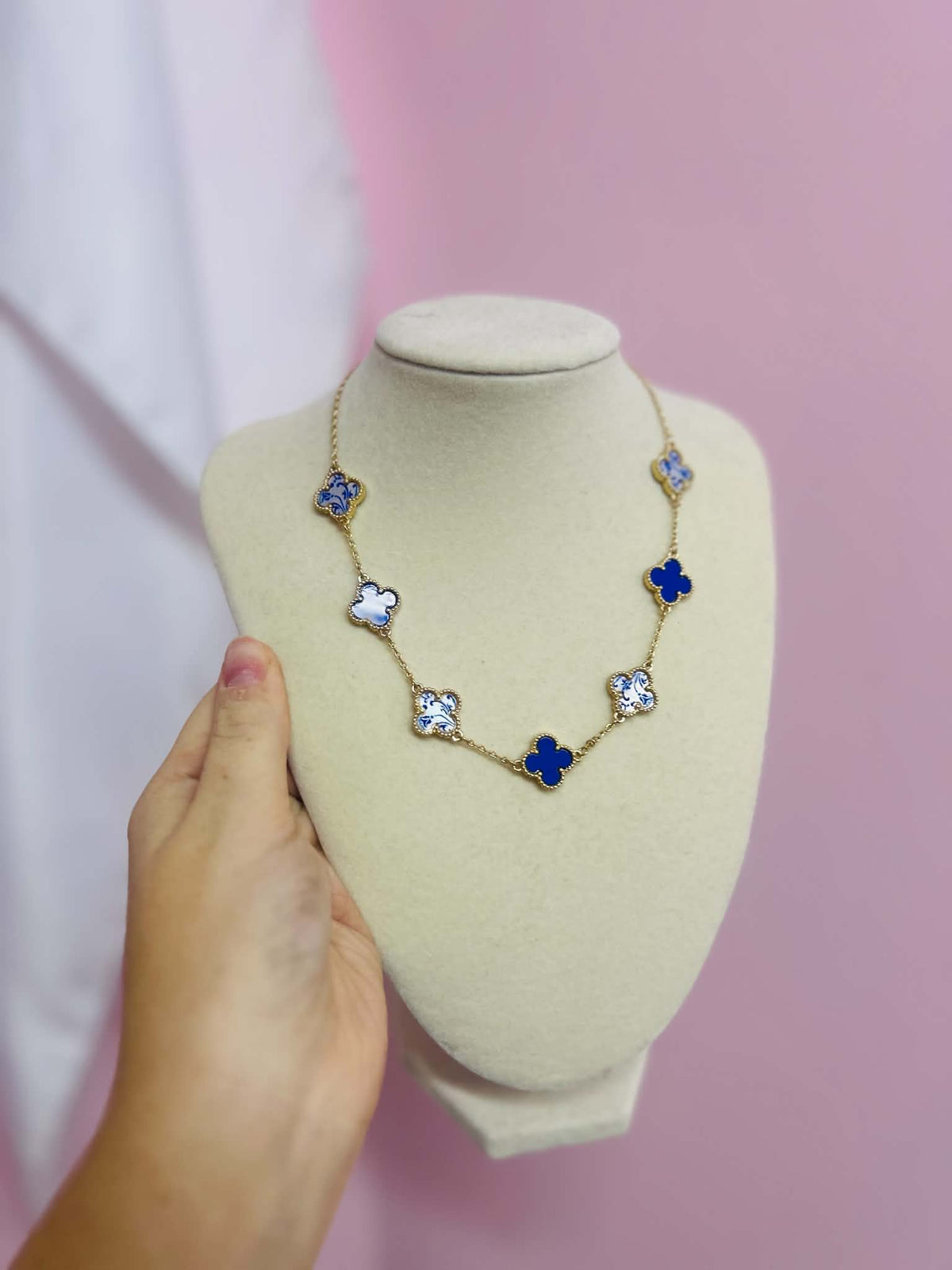 Gold & Blue Chinoiserie Clover Necklace