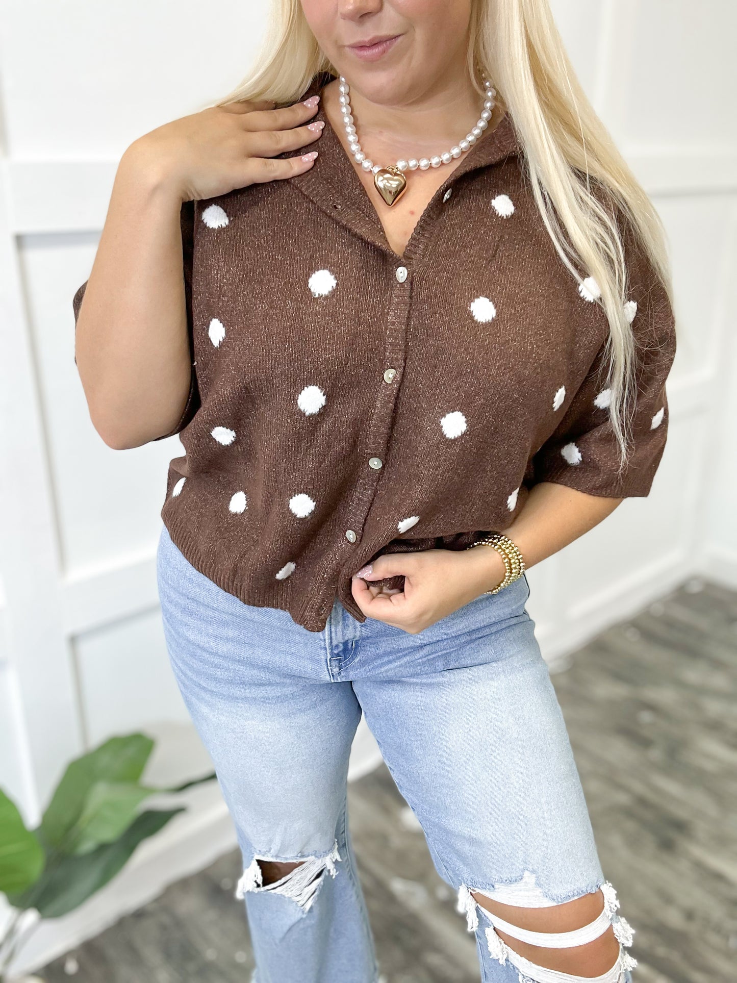 Mocha Polka Dot Knit Button Top