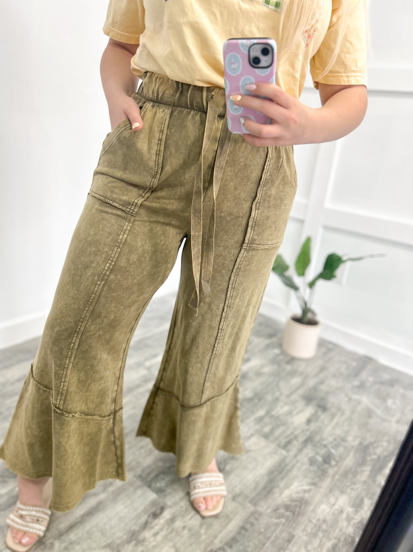 Acid Wash Flare Pants (Olive)