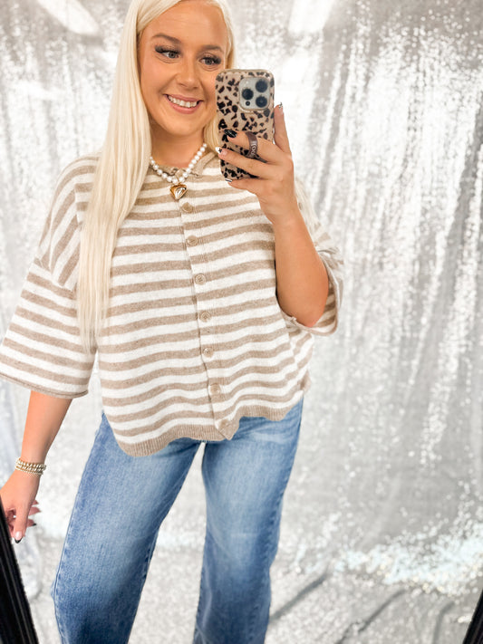 Taupe & Cream Chunky Knit Button Top