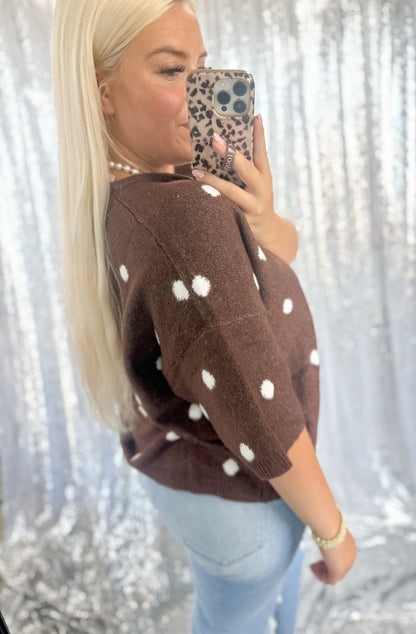 Mocha Polka Dot Knit Button Top
