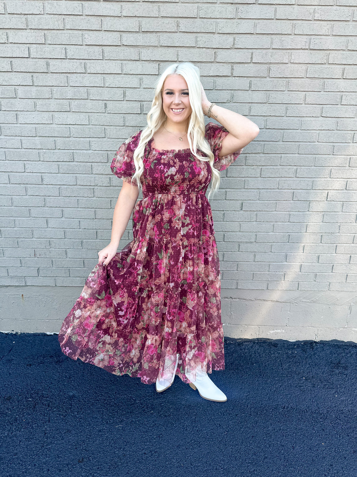 Burgundy Floral Tulle Maxi Dress