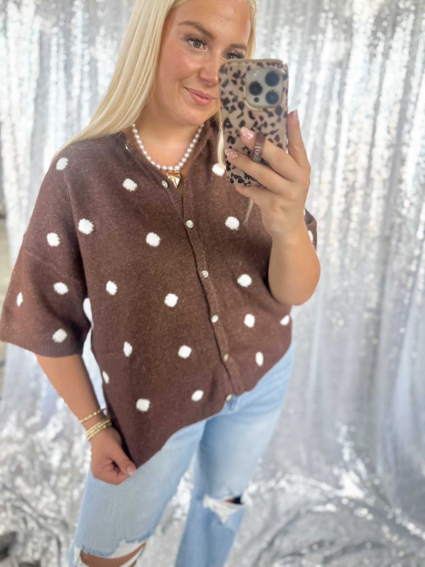 Mocha Polka Dot Knit Button Top