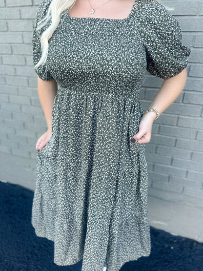 Olive Bloom Ditzy Floral Smocked Maxi