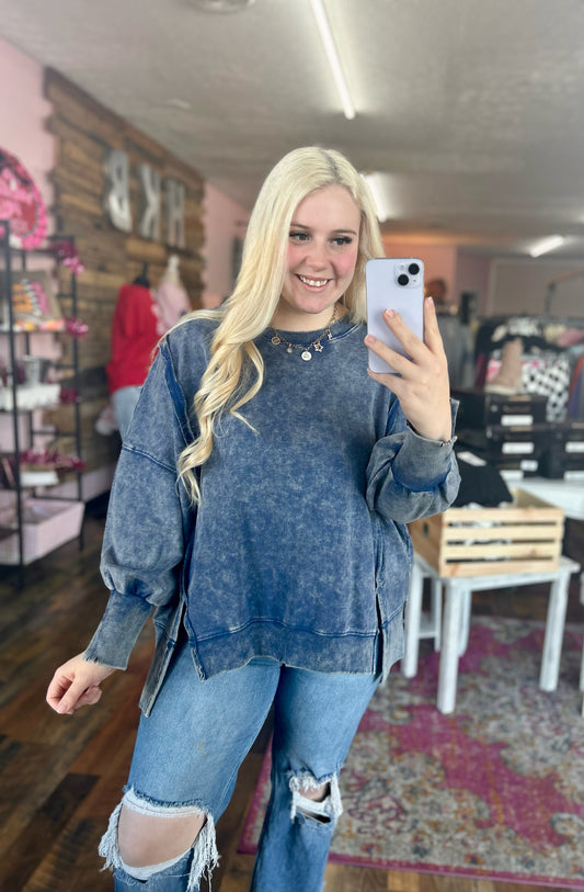 Oversized Acid Wash Crewneck (Navy)
