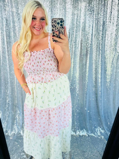Rose Bloom Gingham Patchwork Maxi Dress