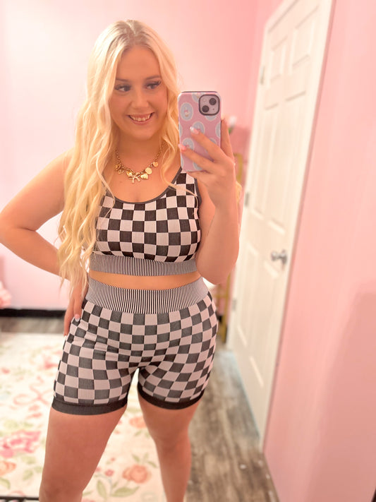 Black Checkered Biker Short Set
