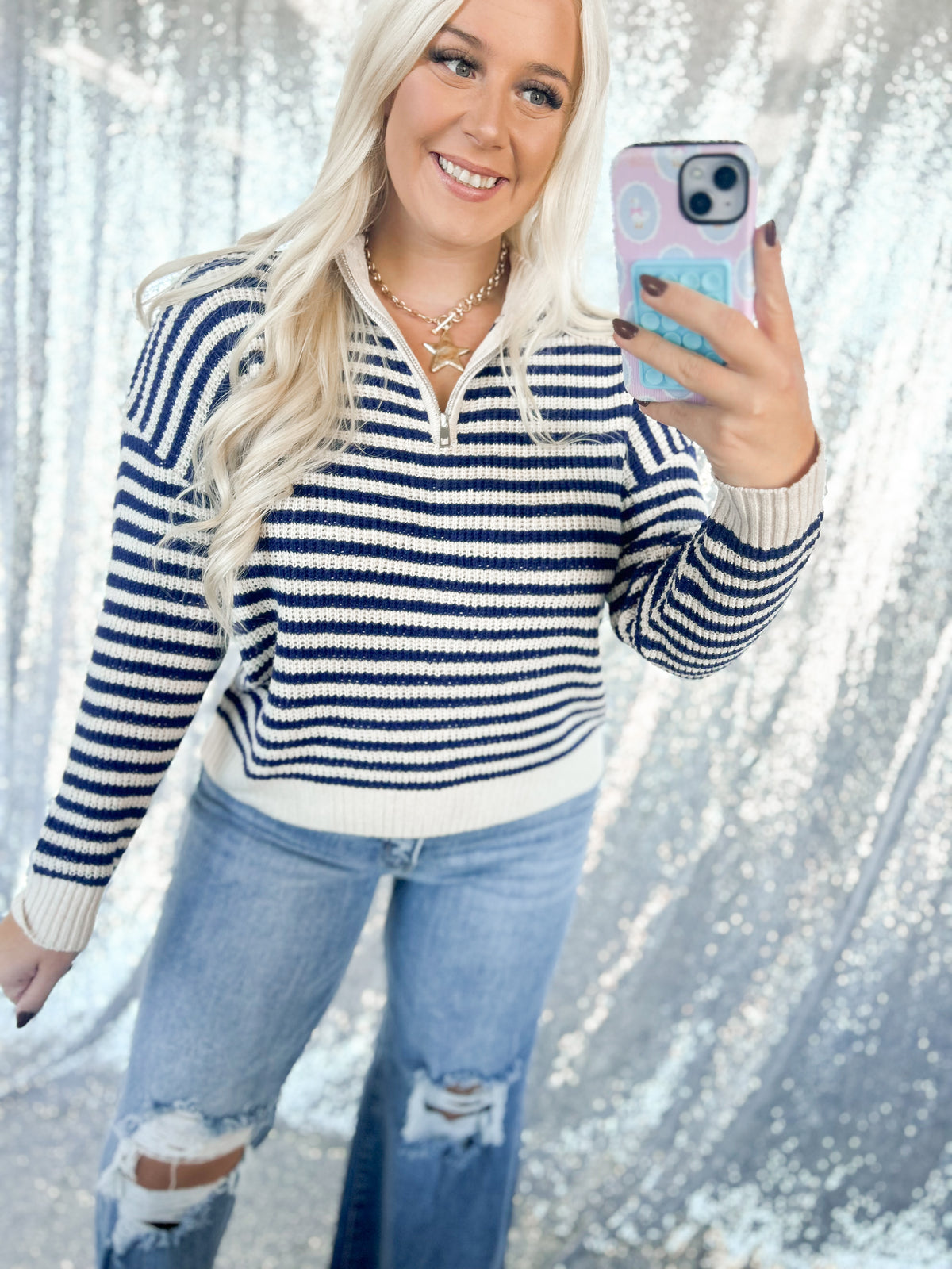 Royal Striped Knit Sweater 1/2 Zip