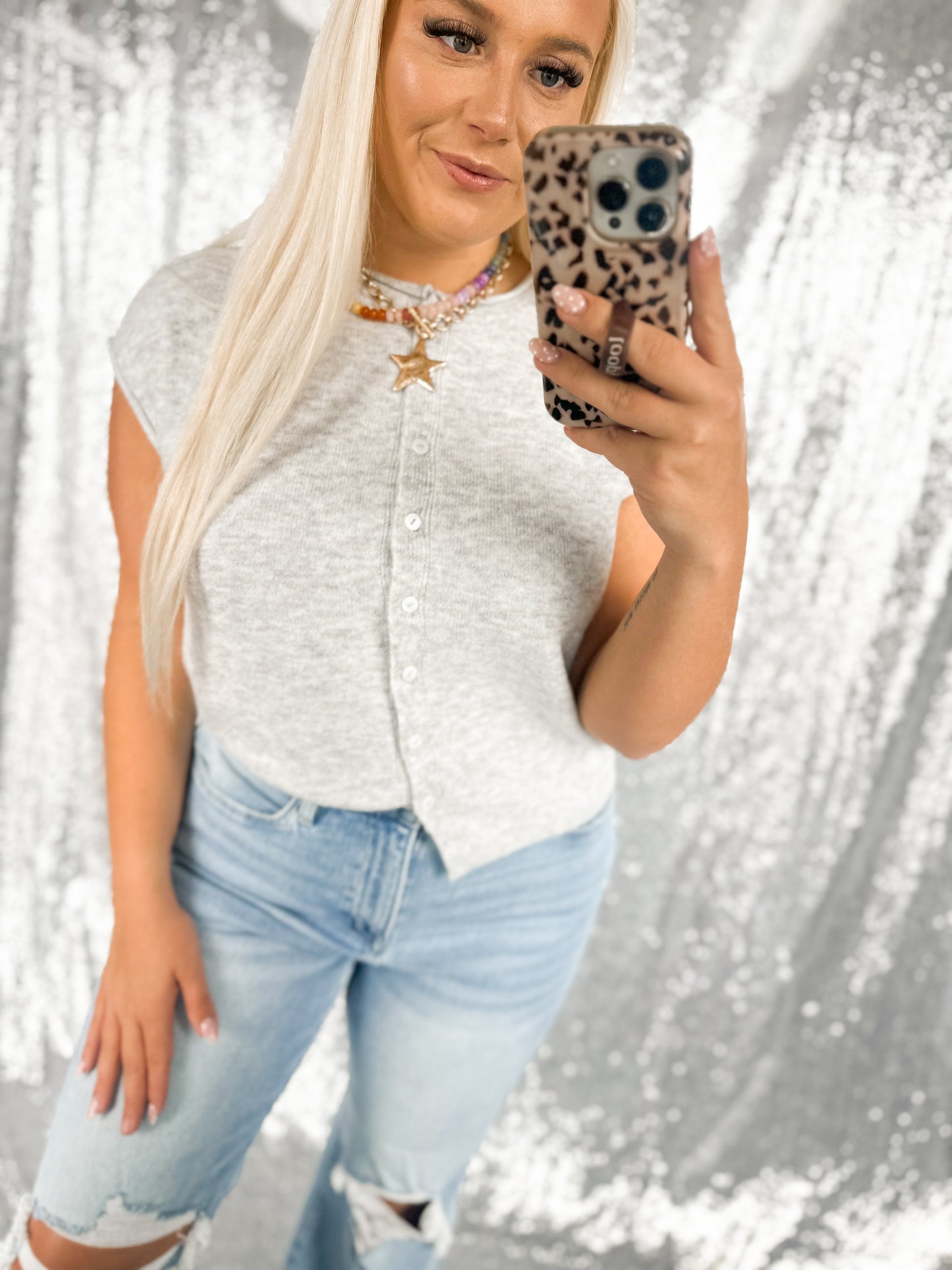 Heather Raw Hem Button Knit Top