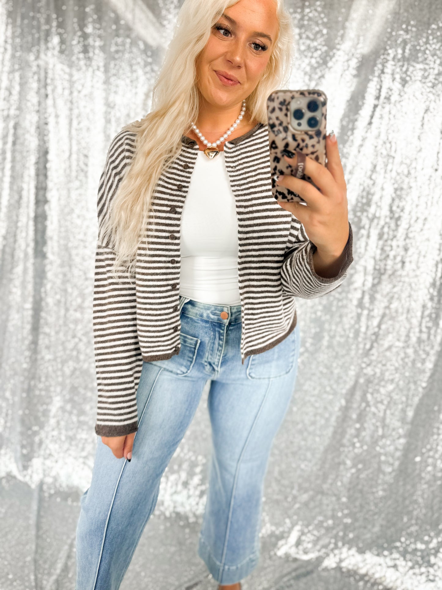 Brown Striped Raw Hem Button Cardigan
