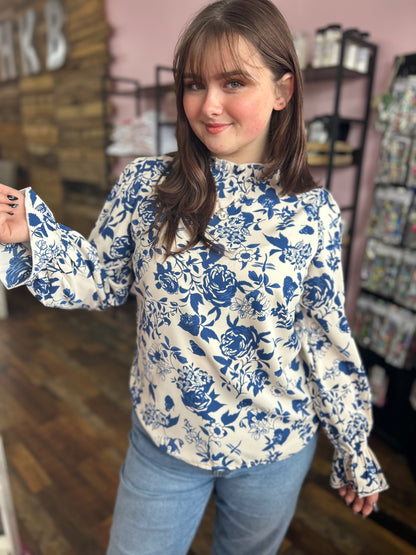 Blue Floral Mockneck Blouse