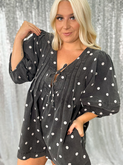 Black Polka Dot Denim Romper