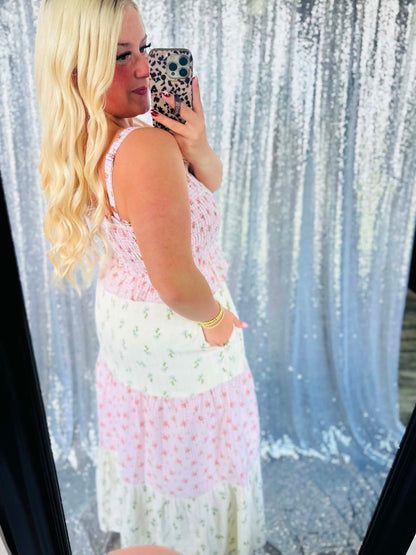 Rose Bloom Gingham Patchwork Maxi Dress