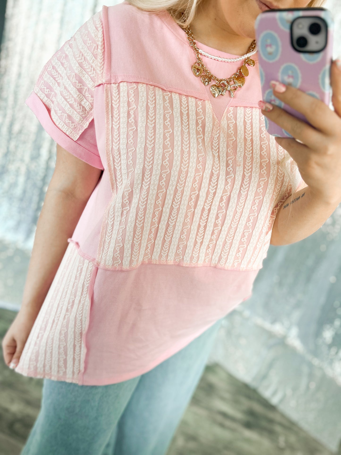 Pink & Lace Colorblock Top