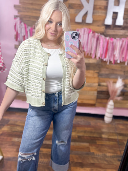 Sage Striped Knit Button Top