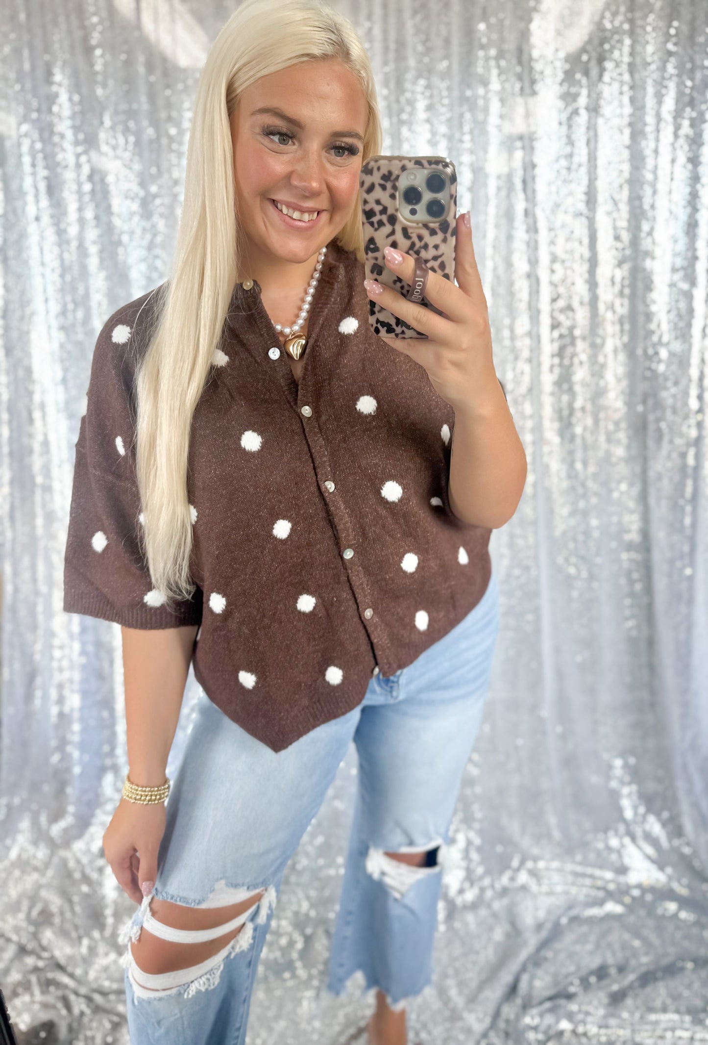 Mocha Polka Dot Knit Button Top