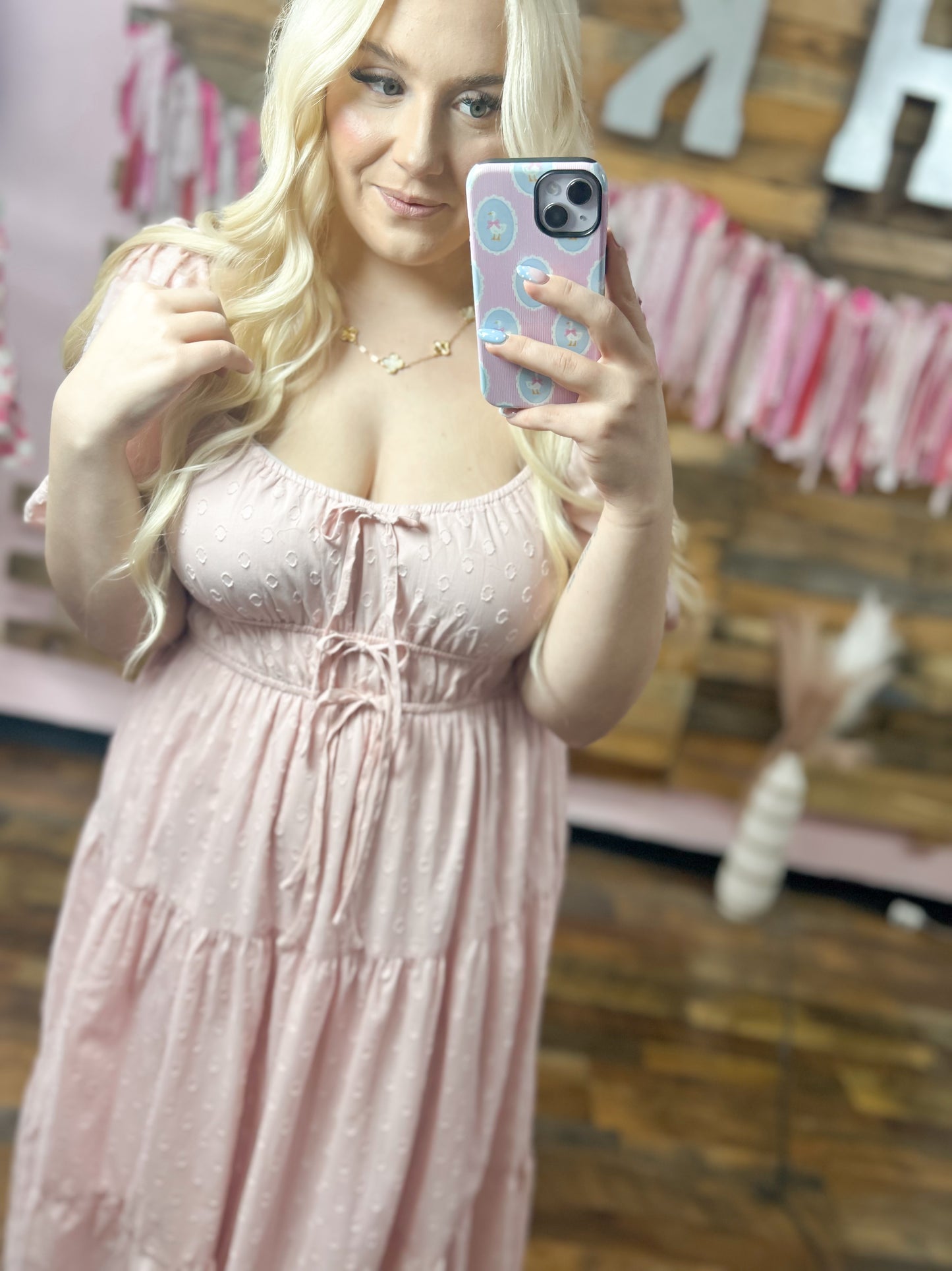 Baby Pink Swiss Dot Bow Maxi Dress