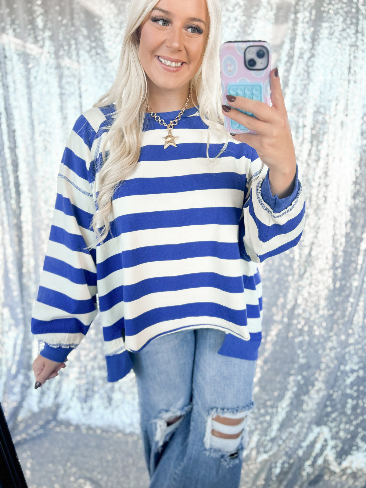 Blue Chunky Striped Oversized Crewneck
