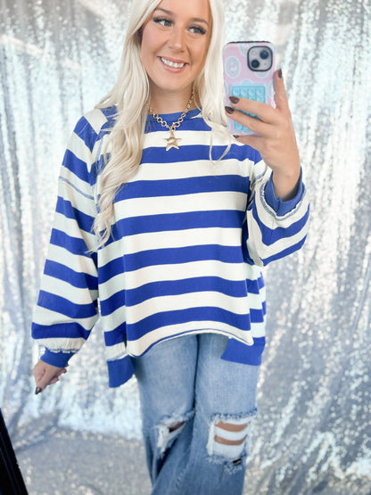 Blue Chunky Striped Oversized Crewneck