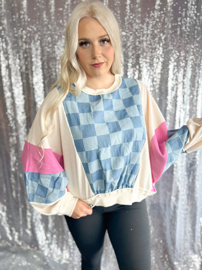 Checker Denim Colorblock Crewneck