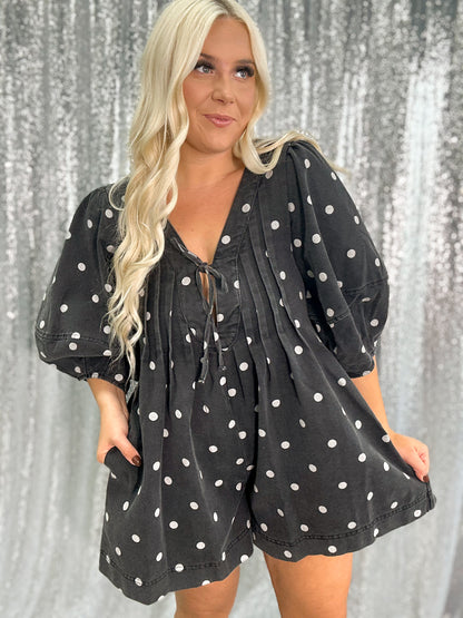 Black Polka Dot Denim Romper