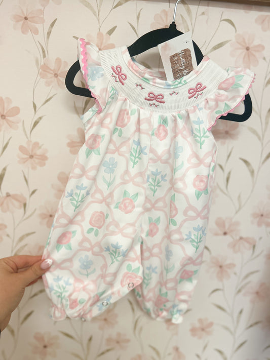 Bow Smocked Embroidered Jumpsuit
