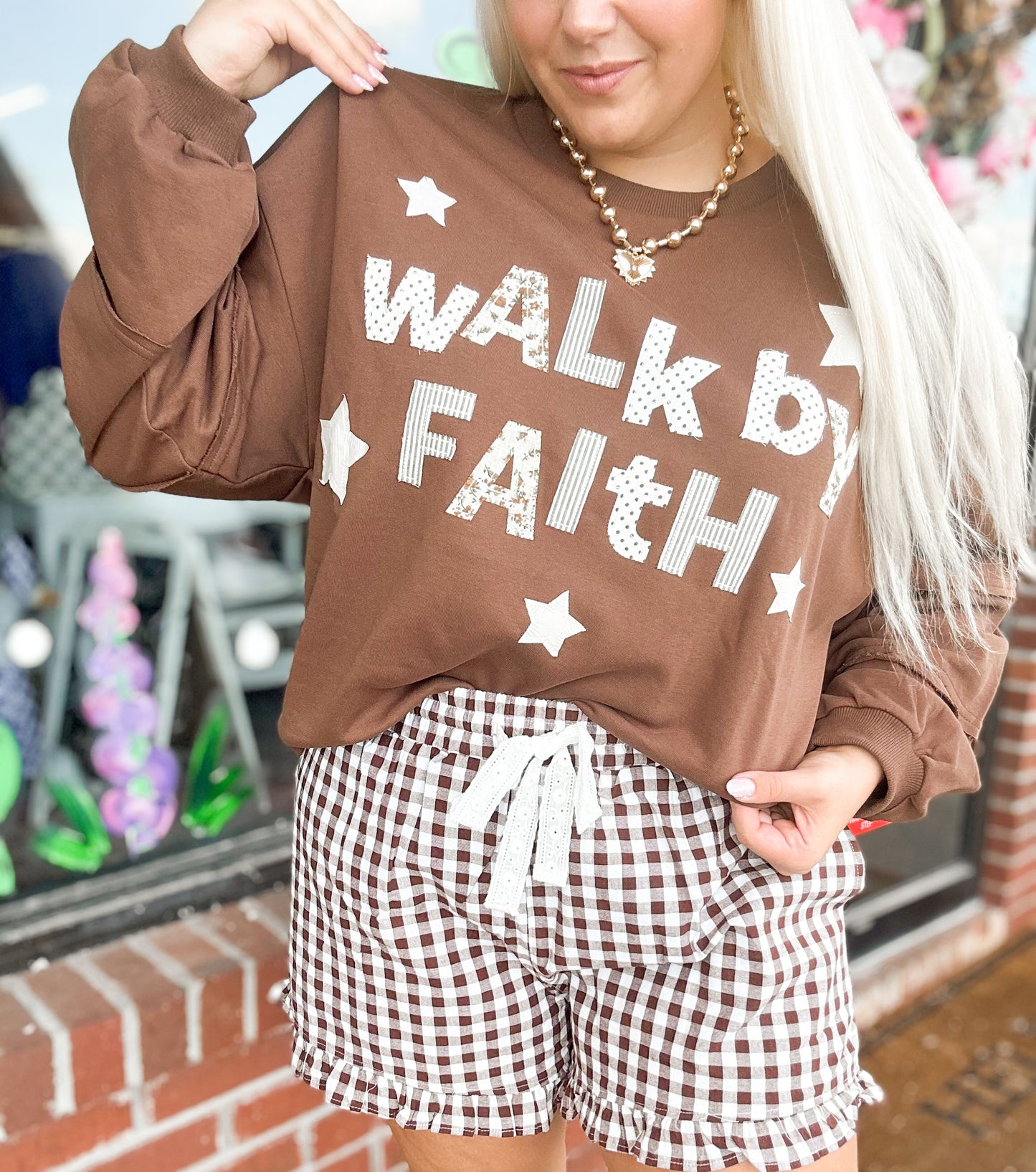 Walk By Faith Patchwork Appliqué Sweatshirt
