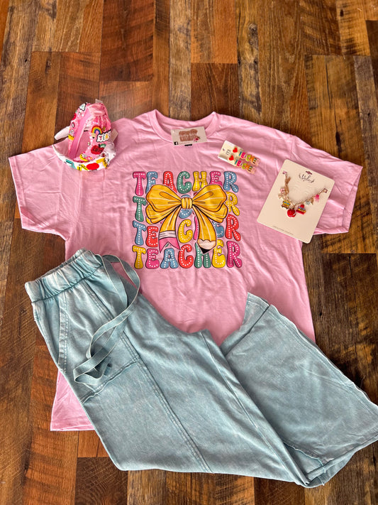 Pink Teacher Bow Tee