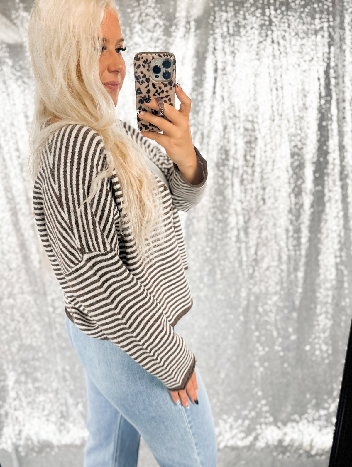 Brown Striped Raw Hem Button Cardigan