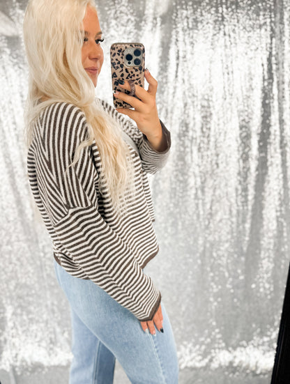 Brown Striped Raw Hem Button Cardigan
